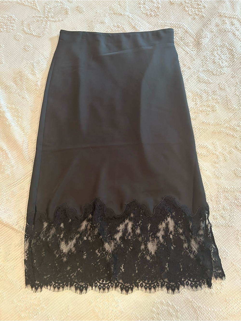 Black Lace-Hem Slip Midi Skirt